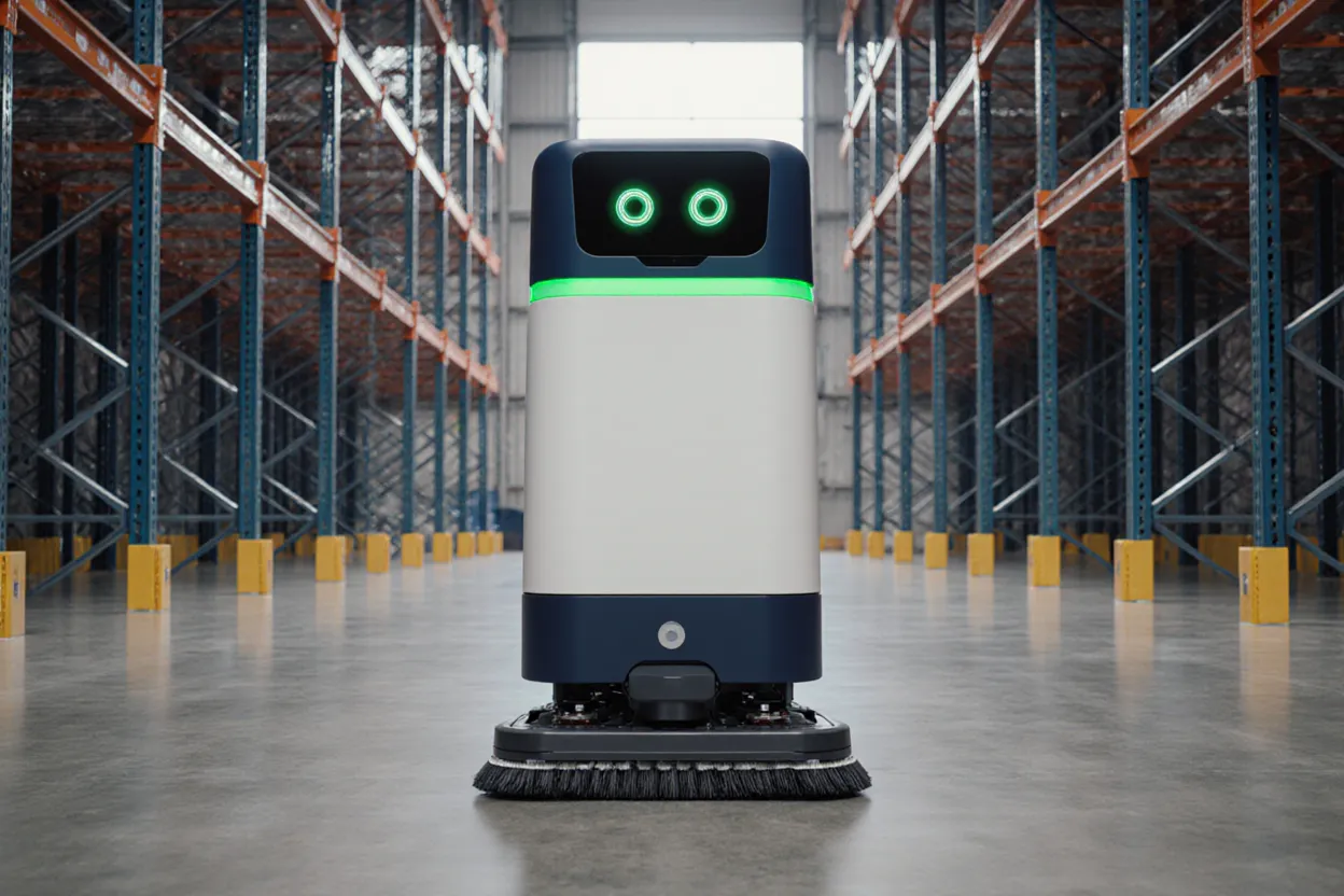 Robot autónomo de limpieza con IA operando en una galera industrial en Panamá