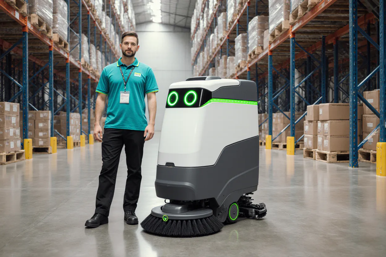 Operario de Inokuos junto a un robot autónomo de limpieza industrial con IA