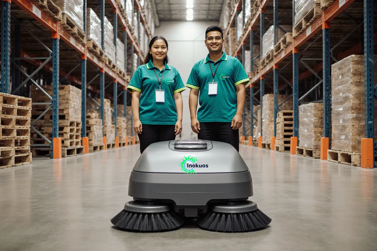 Operario de Inokuos junto a robot autonomo de limpieza industrial con IA